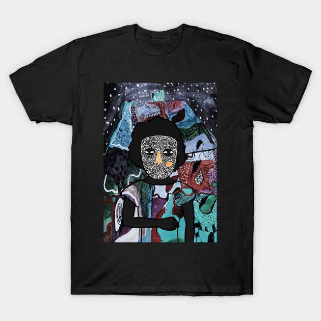 Experience Melancholia - A FemaleMask NFT with DoodleEye Color and Mystery NightGlyph Background T-Shirt by Hashed Art